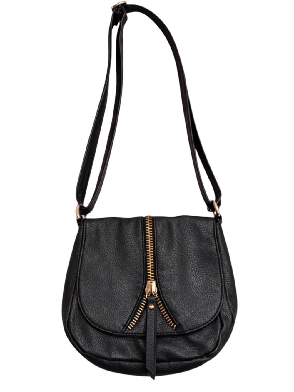 LP/LP Black Pebbled Faux‎ Leather Crossbody Bag with Gold Zipper Detail